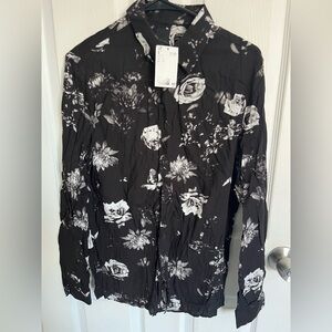H&M Men's Black and White Floral Flowy Button Down